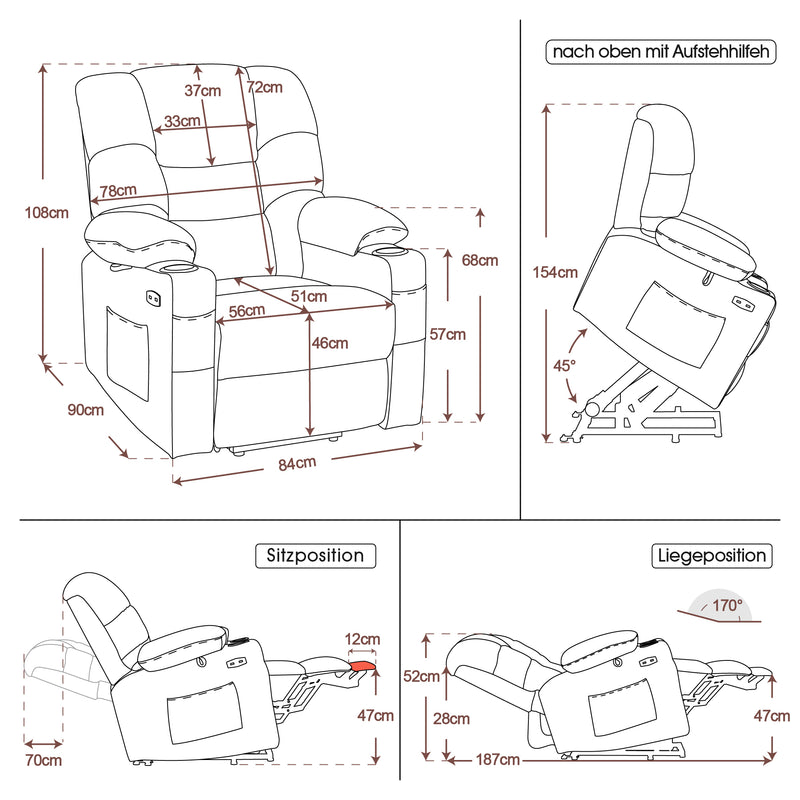 M MCombo elektrische Aufstehhilfe Relaxsessel 7550, mit 3 Motoren getrennt verstellbar, Liegeposition bis 170°, verlängerte Fußstütze, USB, für Senioren Wohnzimmer
