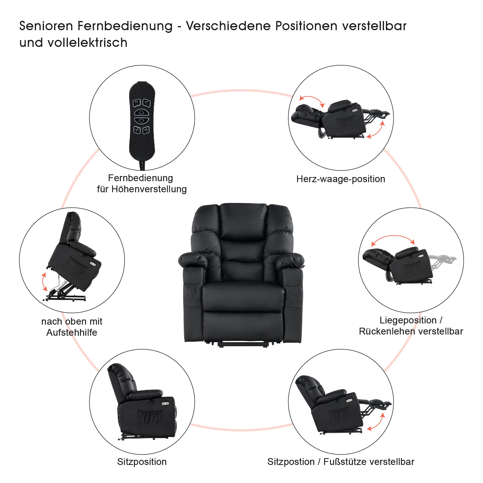 M MCombo elektrische Aufstehhilfe Relaxsessel 7550, mit 3 Motoren getrennt verstellbar, Liegeposition bis 170°, verlängerte Fußstütze, USB, für Senioren Wohnzimmer