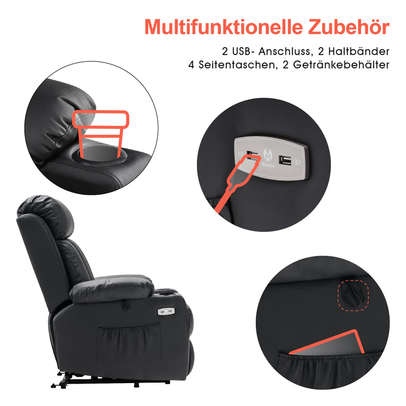 M MCombo Relaxsessel mit Aufstehhilfe & Liegefunktion 7190, Fernsehsessel elektrisch verstellbar, für Senioren Wohnzimmer, USB, (Schwarz-Kunstleder / Dunkelgrau-Stoff)