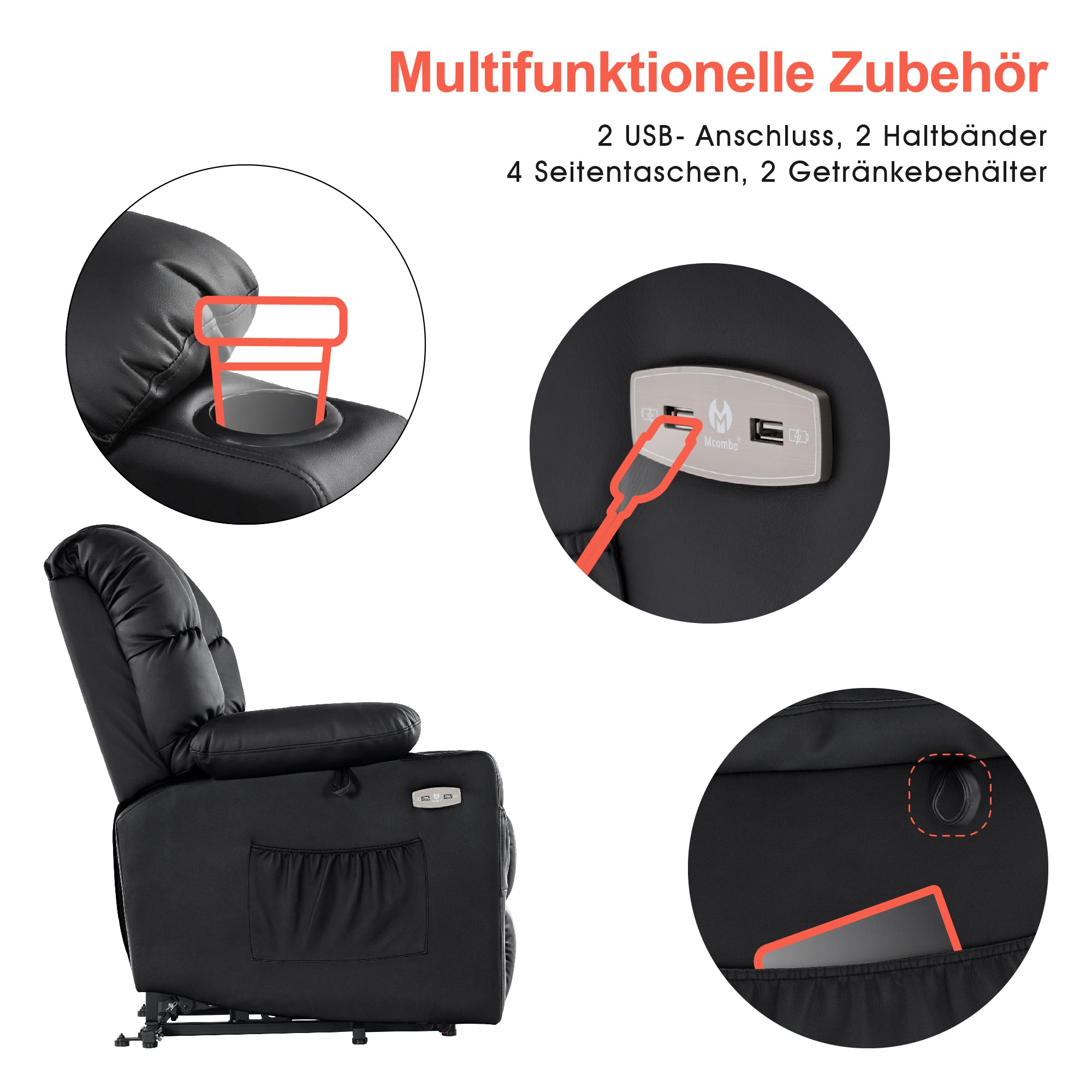 M MCombo elektrische Aufstehhilfe Relaxsessel 7550, mit 3 Motoren getrennt verstellbar, Liegeposition bis 170°, verlängerte Fußstütze, USB, für Senioren Wohnzimmer