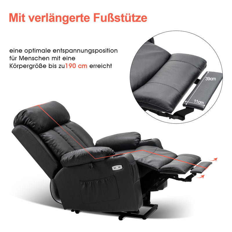 M MCombo Relaxsessel mit Aufstehhilfe & Liegefunktion 7190, Fernsehsessel elektrisch verstellbar, für Senioren Wohnzimmer, USB, (Schwarz-Kunstleder / Dunkelgrau-Stoff)