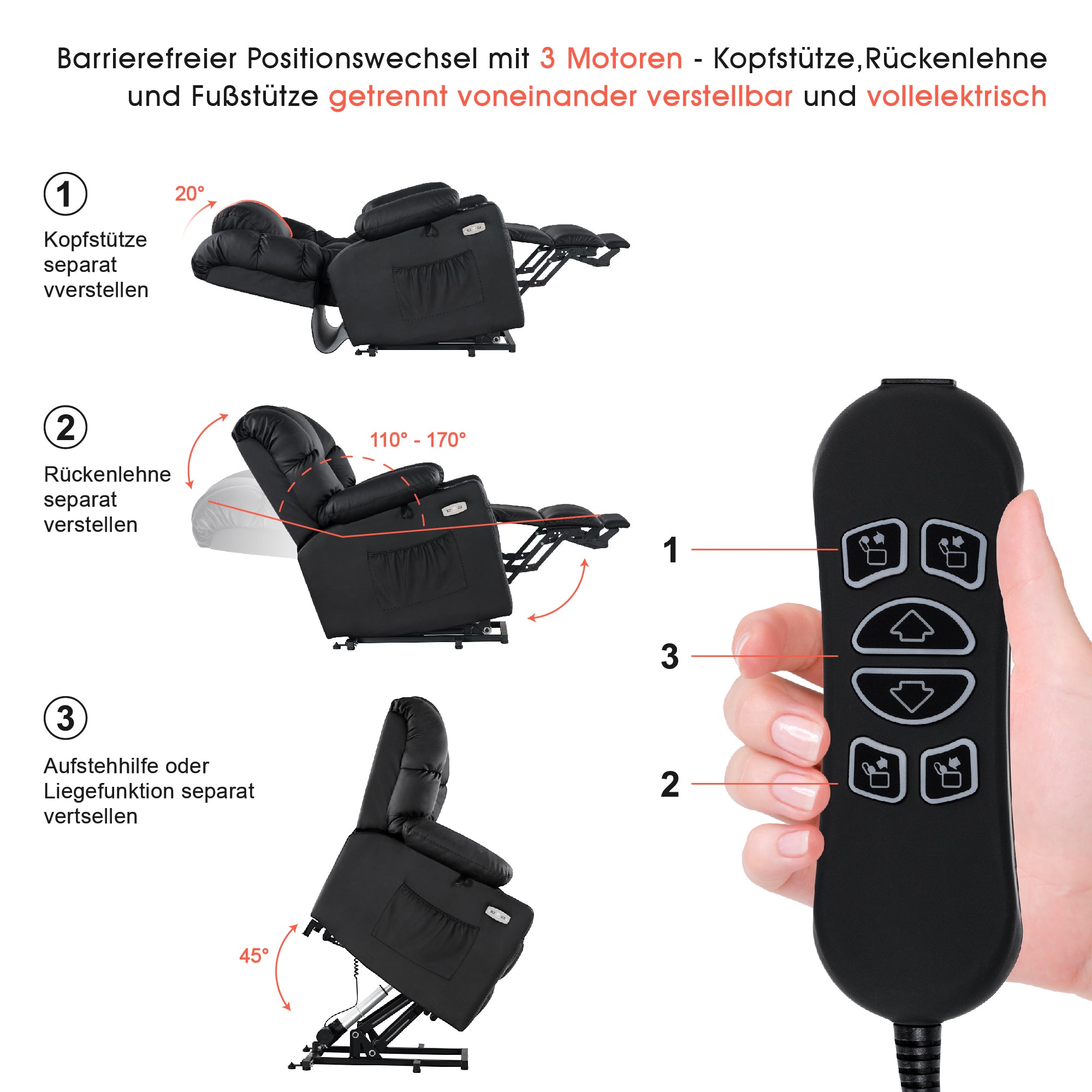M MCombo elektrische Aufstehhilfe Relaxsessel 7550, mit 3 Motoren getrennt verstellbar, Liegeposition bis 170°, verlängerte Fußstütze, USB, für Senioren Wohnzimmer