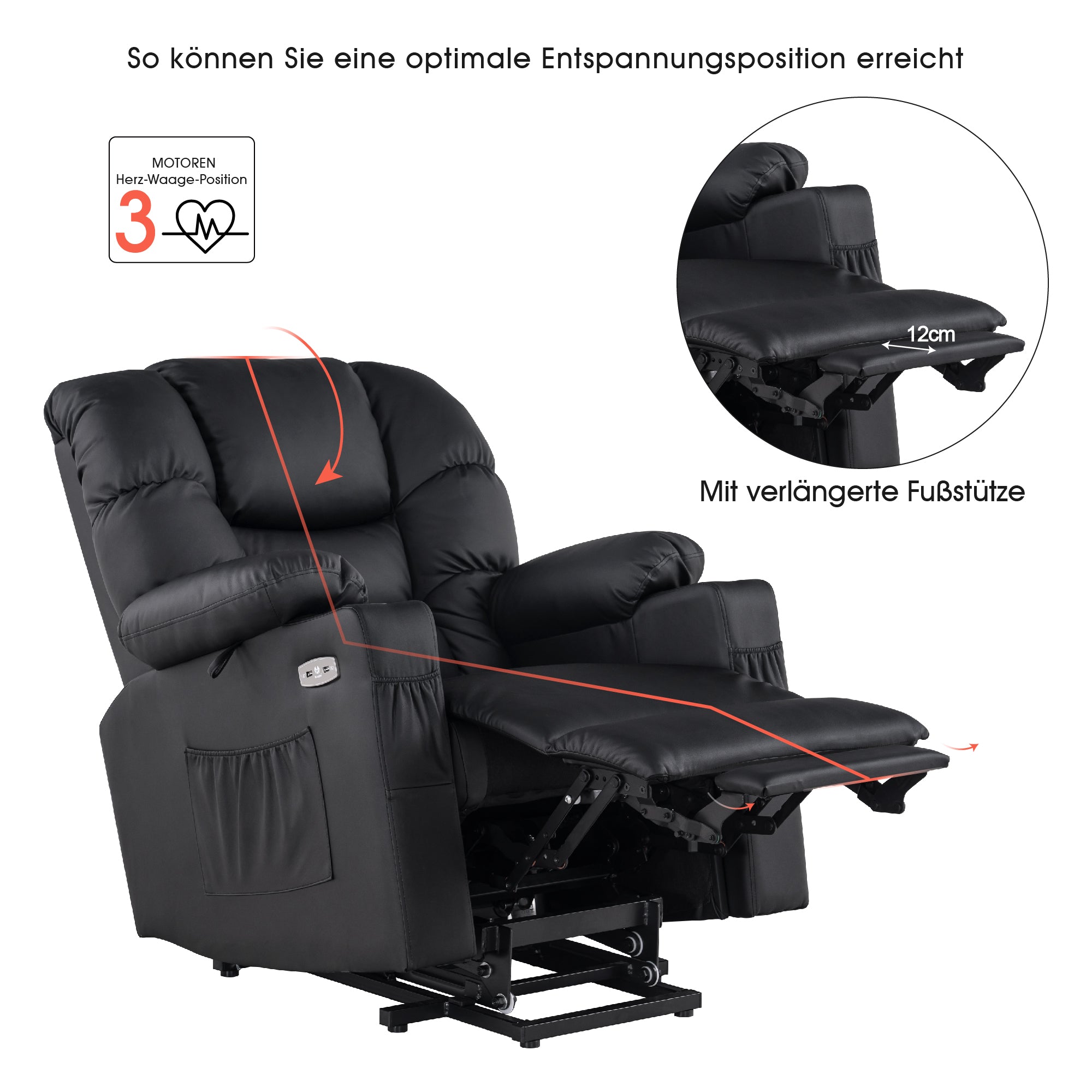 M MCombo elektrische Aufstehhilfe Relaxsessel 7550, mit 3 Motoren getrennt verstellbar, Liegeposition bis 170°, verlängerte Fußstütze, USB, für Senioren Wohnzimmer