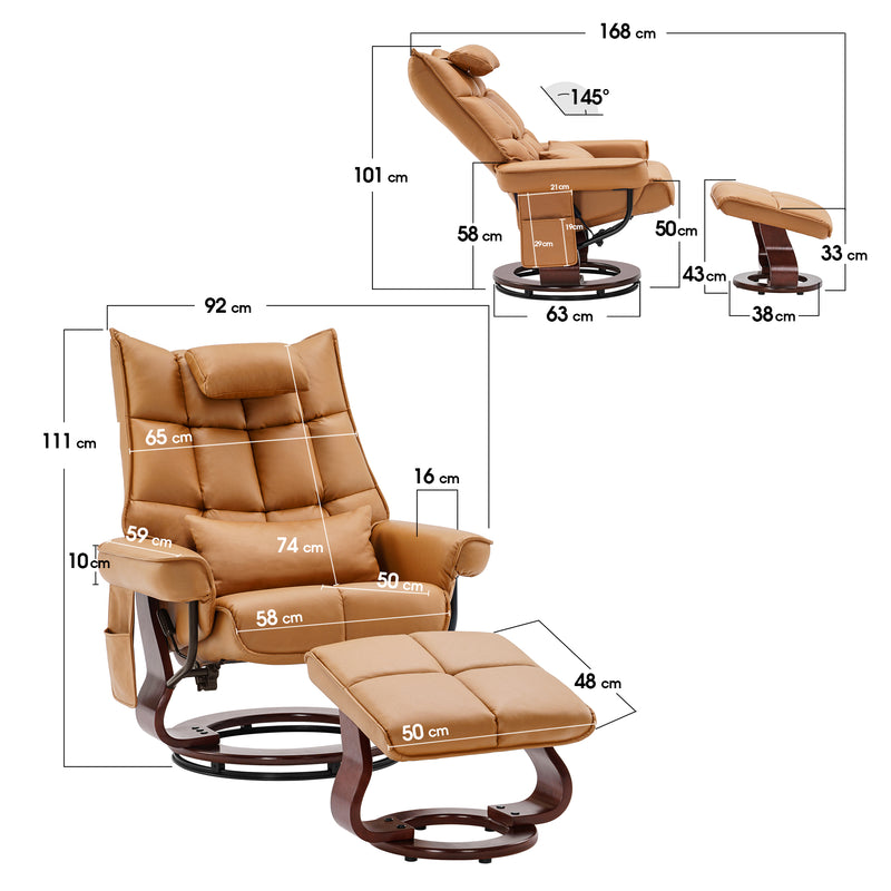 MCombo Relaxsessel mit Hocker 9076, Drehbare Fernsehsessel mit Liegefunktion, Moderner TV-Sessel Stuhl für Wohnzimmer, mit Kissen & Seitentasche, Mikrofaser/Stoff, 140 x 92 x 111cm