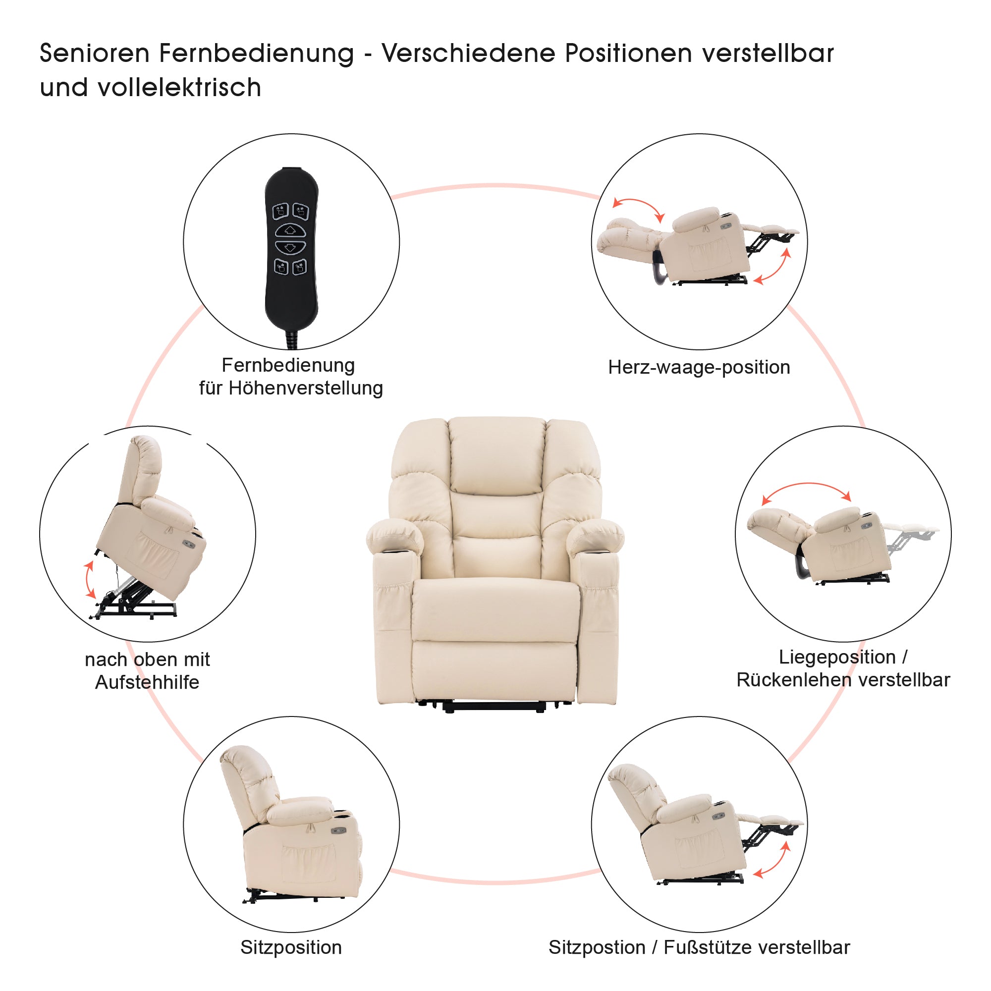 M MCombo elektrische Aufstehhilfe Relaxsessel 7550, mit 3 Motoren getrennt verstellbar, Liegeposition bis 170°, verlängerte Fußstütze, USB, für Senioren Wohnzimmer