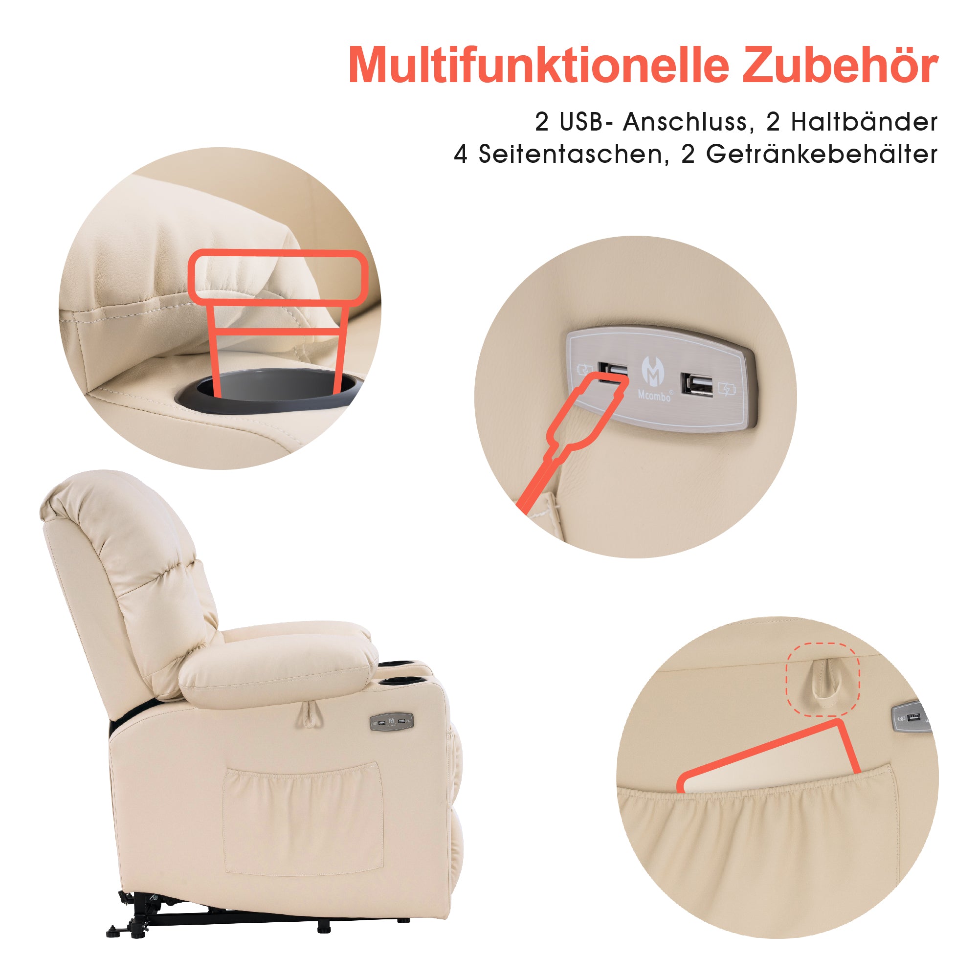 M MCombo elektrische Aufstehhilfe Relaxsessel 7550, mit 3 Motoren getrennt verstellbar, Liegeposition bis 170°, verlängerte Fußstütze, USB, für Senioren Wohnzimmer