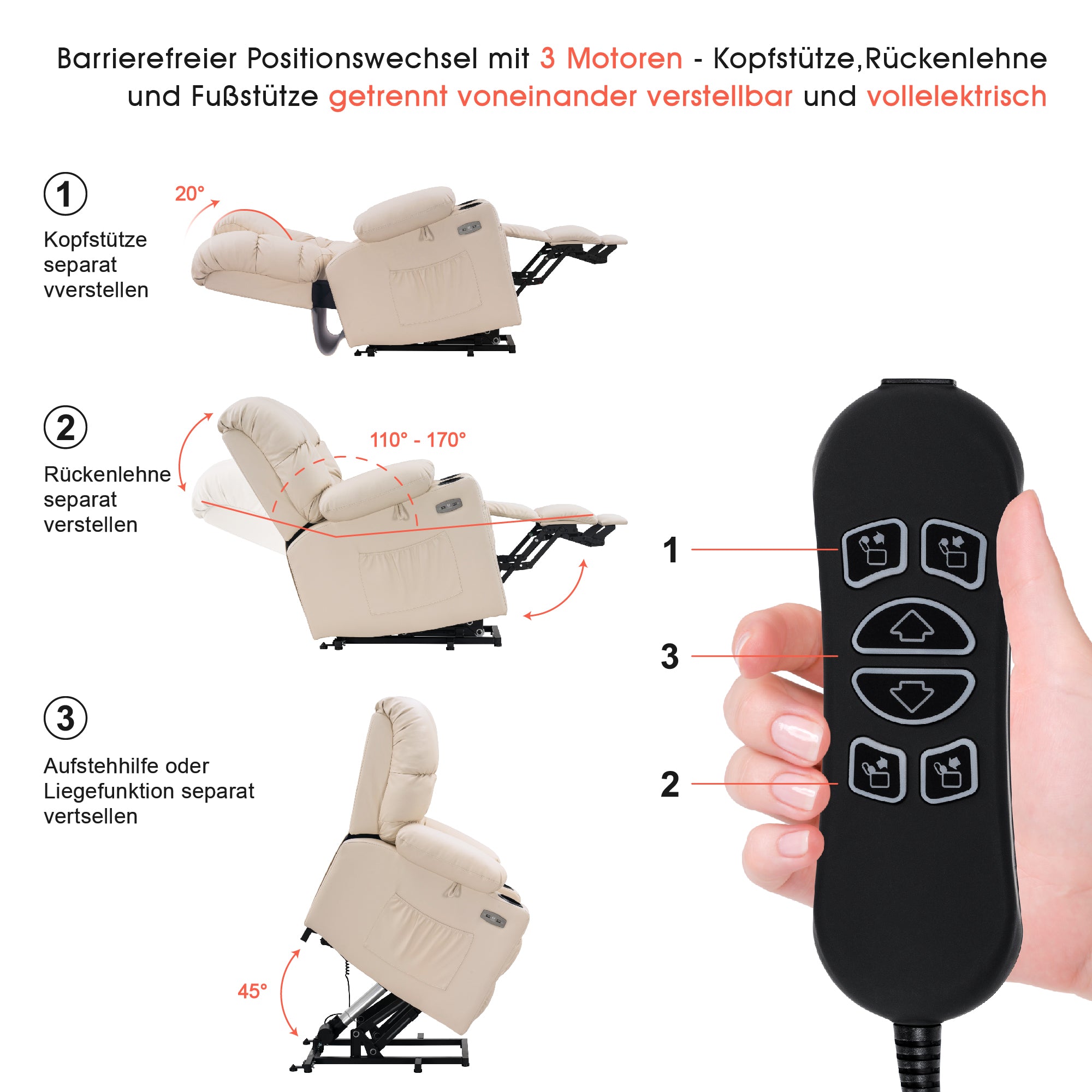 M MCombo elektrische Aufstehhilfe Relaxsessel 7550, mit 3 Motoren getrennt verstellbar, Liegeposition bis 170°, verlängerte Fußstütze, USB, für Senioren Wohnzimmer
