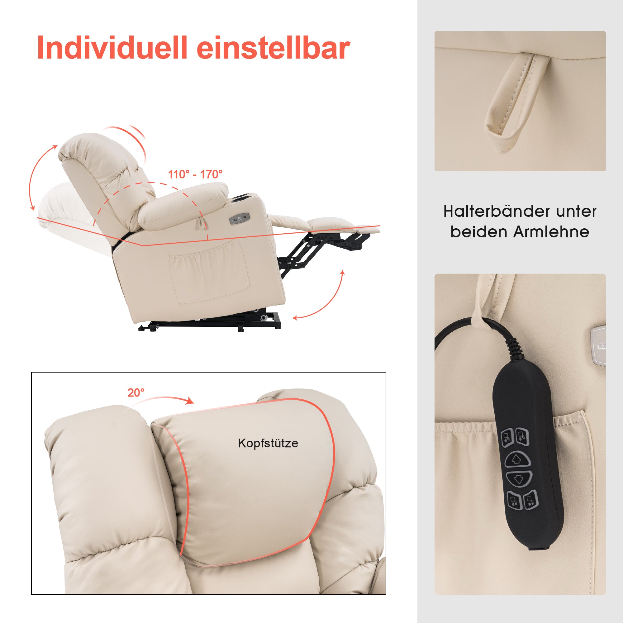 M MCombo elektrische Aufstehhilfe Relaxsessel 7550, mit 3 Motoren getrennt verstellbar, Liegeposition bis 170°, verlängerte Fußstütze, USB, für Senioren Wohnzimmer