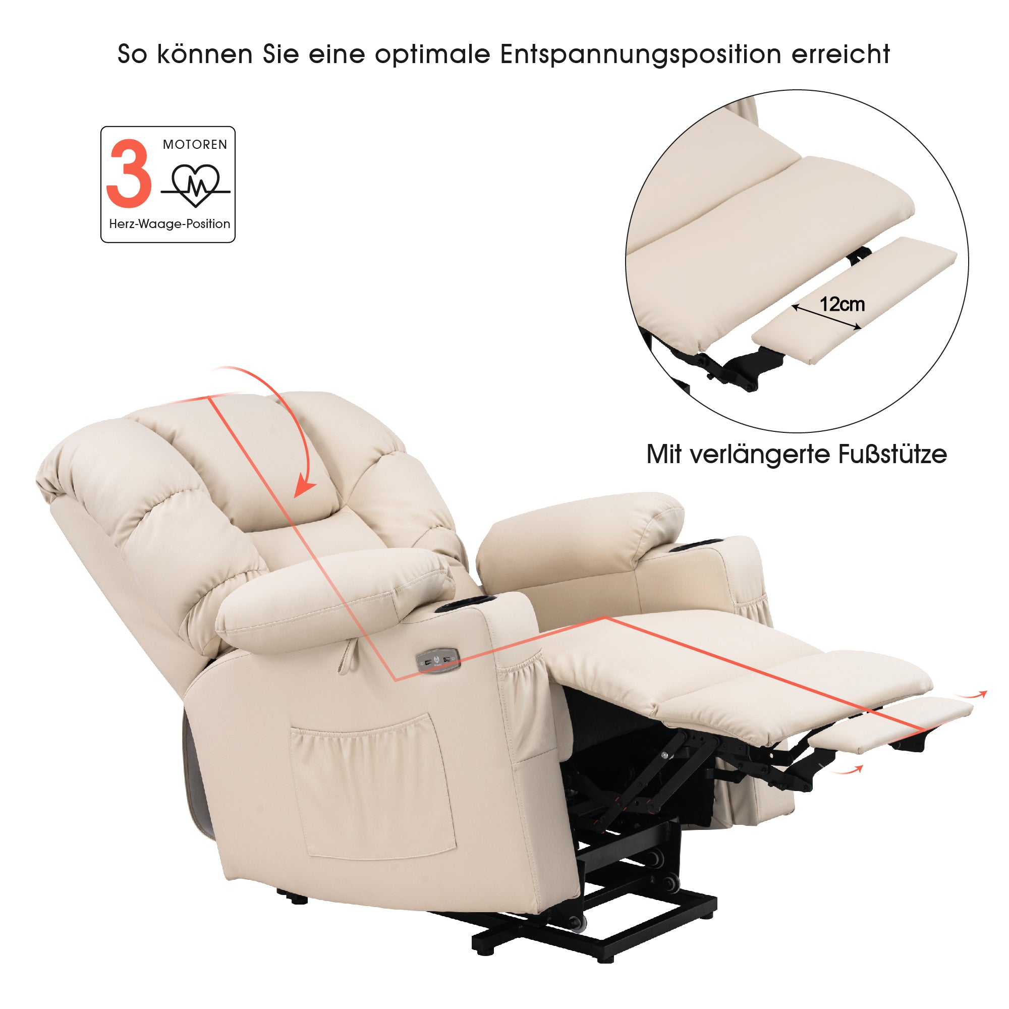 M MCombo elektrische Aufstehhilfe Relaxsessel 7550, mit 3 Motoren getrennt verstellbar, Liegeposition bis 170°, verlängerte Fußstütze, USB, für Senioren Wohnzimmer