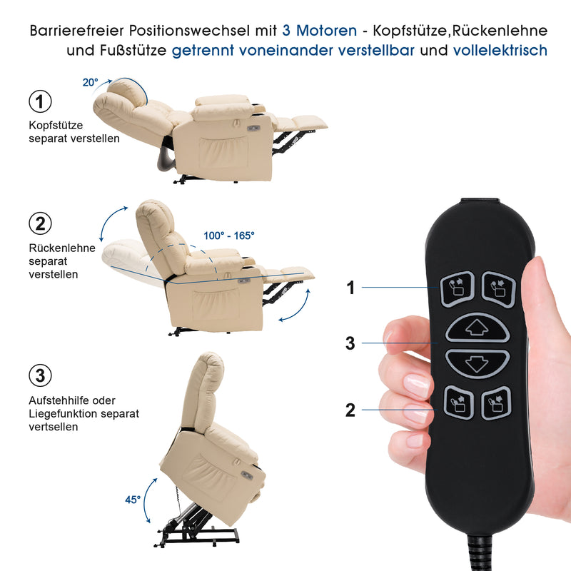 M MCombo elektrische Aufstehhilfe Relaxsessel 7546, mit 3 Motoren getrennt verstellbar, Liegeposition bis 165°, TV Sessel mit USB, für Senioren Wohnzimmer