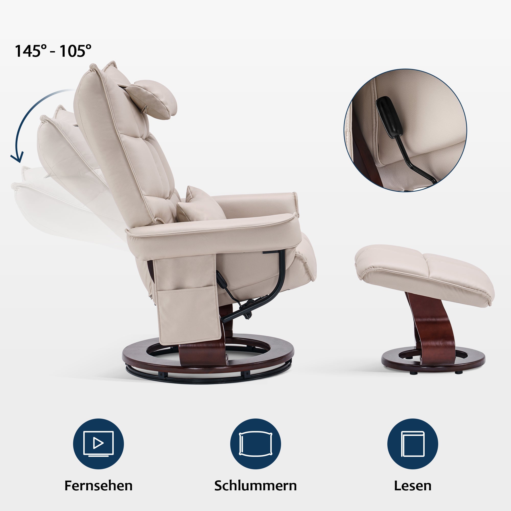 MCombo relaxation chair with stool 9076, rotating TV chair with reclining function, modern TV chair chair for living room, with cushion and side pocket, microfiber/fabric, 140 x 92 x 111cm