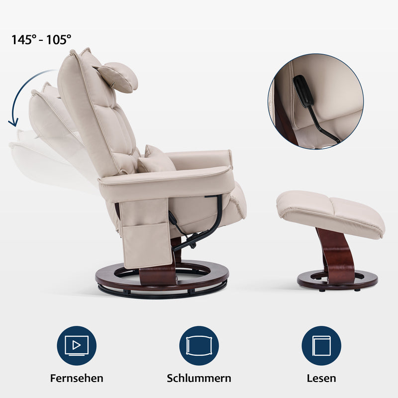 MCombo Relaxsessel mit Hocker 9076, Drehbare Fernsehsessel mit Liegefunktion, Moderner TV-Sessel Stuhl für Wohnzimmer, mit Kissen & Seitentasche, Mikrofaser/Stoff, 140 x 92 x 111cm