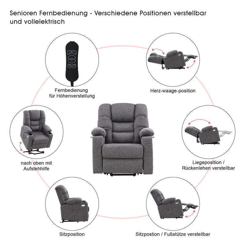 M MCombo elektrische Aufstehhilfe Relaxsessel 7550, mit 3 Motoren getrennt verstellbar, Liegeposition bis 170°, verlängerte Fußstütze, USB, für Senioren Wohnzimmer