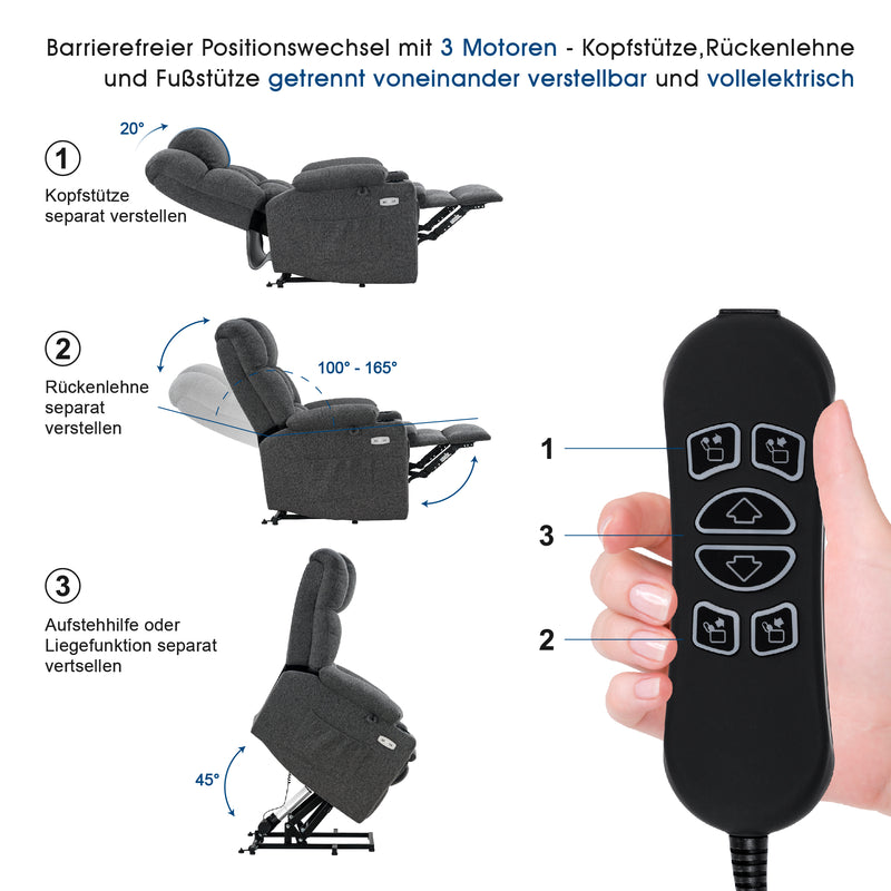 M MCombo elektrische Aufstehhilfe Relaxsessel 7546, mit 3 Motoren getrennt verstellbar, Liegeposition bis 165°, TV Sessel mit USB, für Senioren Wohnzimmer