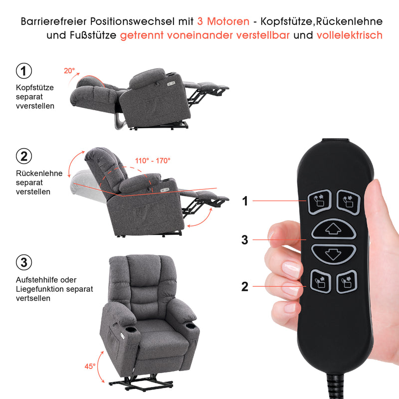 M MCombo elektrische Aufstehhilfe Relaxsessel 7550, mit 3 Motoren getr