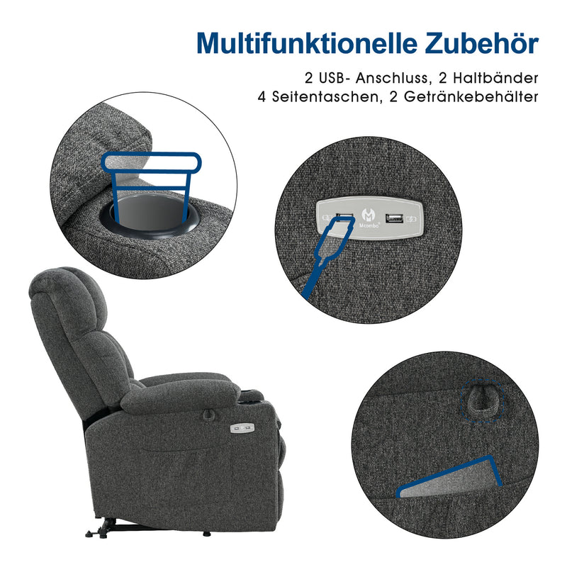 M MCombo elektrische Aufstehhilfe Relaxsessel 7546, mit 3 Motoren getrennt verstellbar, Liegeposition bis 165°, TV Sessel mit USB, für Senioren Wohnzimmer