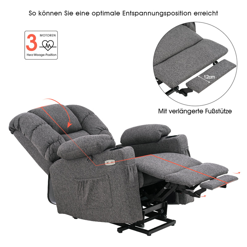 M MCombo elektrische Aufstehhilfe Relaxsessel 7550, mit 3 Motoren getrennt verstellbar, Liegeposition bis 170°, verlängerte Fußstütze, USB, für Senioren Wohnzimmer