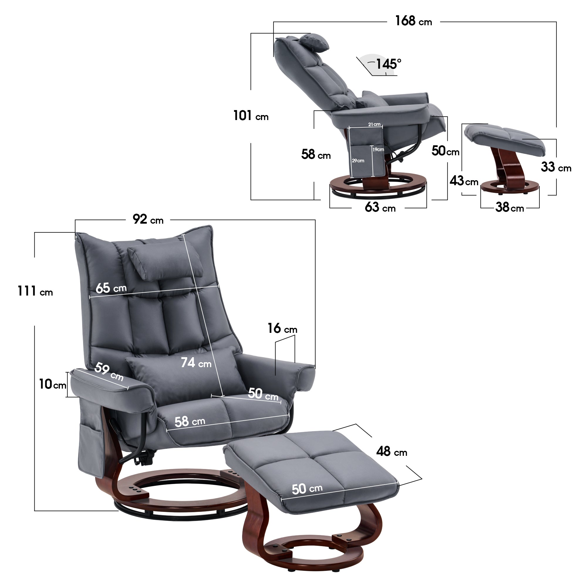 MCombo relaxation chair with stool 9076, rotating TV chair with reclining function, modern TV chair chair for living room, with cushion and side pocket, microfiber/fabric, 140 x 92 x 111cm