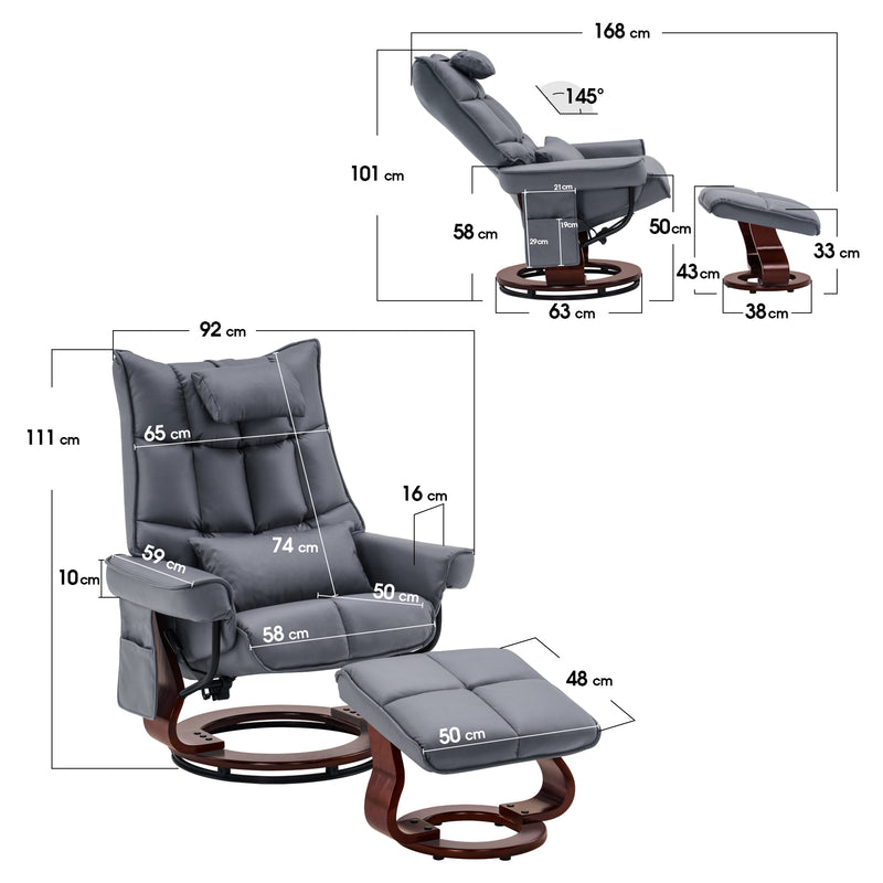 MCombo Relaxsessel mit Hocker 9076, Drehbare Fernsehsessel mit Liegefunktion, Moderner TV-Sessel Stuhl für Wohnzimmer, mit Kissen & Seitentasche, Mikrofaser/Stoff, 140 x 92 x 111cm