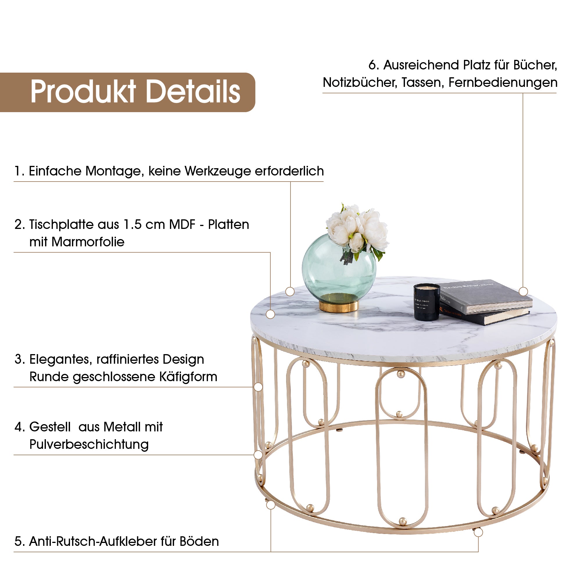 MCombo metal furniture coffee table side table round marble look/industrial style 2147 