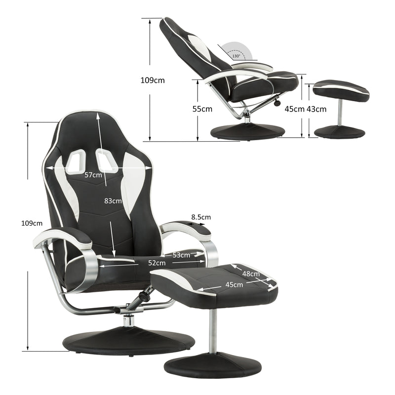 MCombo Racing Gaming Stuhl mit Hocker, 360°drehbarer klappbarer Chefsessel Bürostuhl, moderner Relaxsessel Fernsehsessel TV-Sessel Sessel für Wohnzimmer, Kunstleder, 9012 (Schwarz-Weiß)