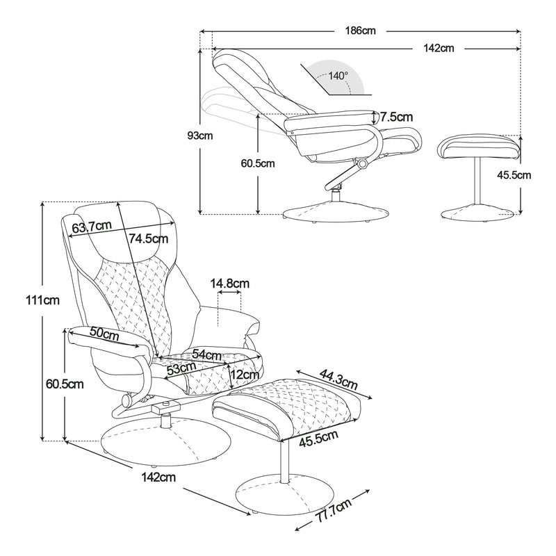 MCombo Relaxsessel Fernsehsessel TV- Sessel Drehsessel mit Fußhocker, 360° drehbar, mit Seitentasche Kunstleder-Bezug, Kariert 9022